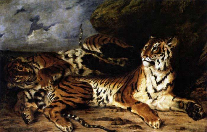 Eugene Delacroix A Young Tiger Playing with its Mother oil painting picture
